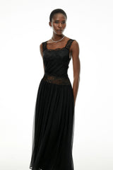 Wolfgang Black Pleated Maxi Dress with Lace Panels
