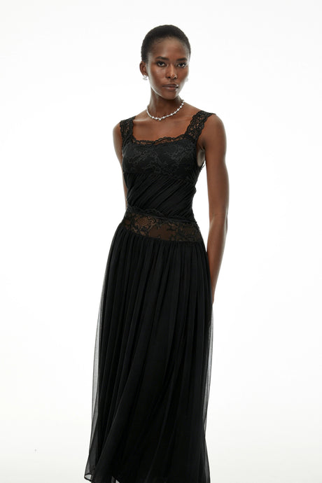Meredith Maxi Dress Black Pleated with Lace Panels