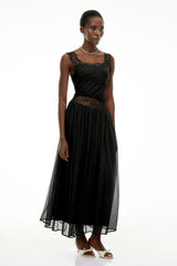 Wolfgang Black Pleated Maxi Dress with Lace Panels