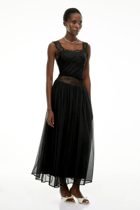 Meredith Maxi Dress Black Pleated with Lace Panels