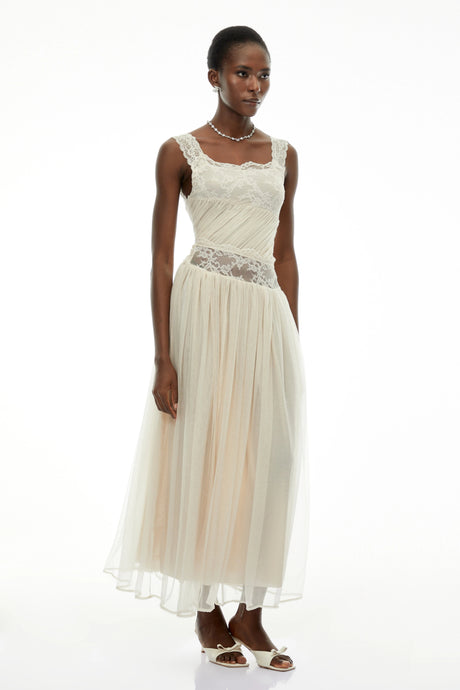 Lorenzina Maxi Dress White Pleated with Lace Panels