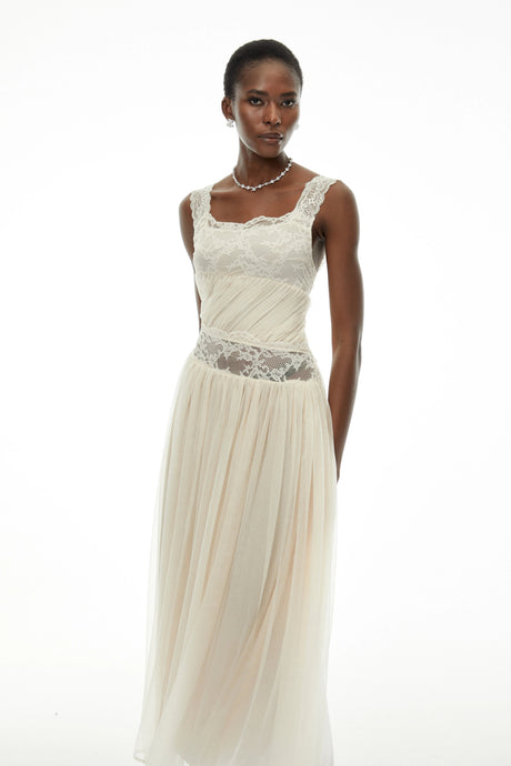 Lorenzina Maxi Dress White Pleated with Lace Panels
