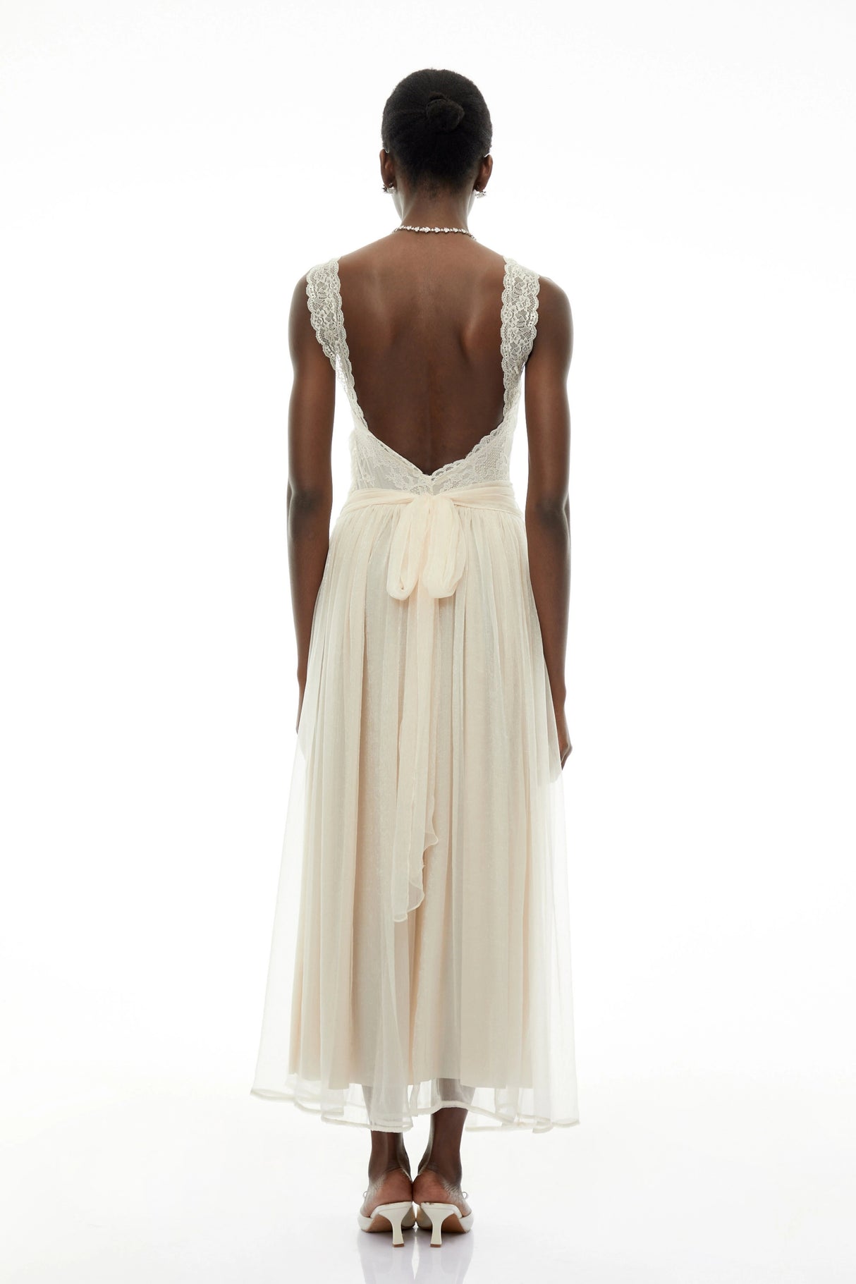 Wolfgang White Pleated Maxi Dress with Lace Panels