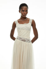 Wolfgang White Pleated Maxi Dress with Lace Panels
