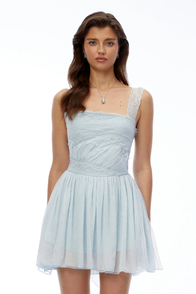 Wren Blue Square Neck Lace Pleated Mini Dress