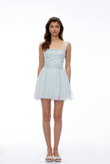 Wren Blue Square Neck Lace Pleated Mini Dress