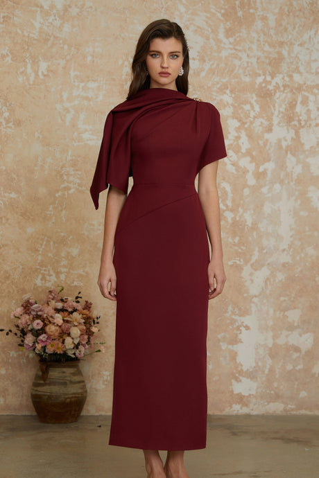 Guenda Maxi Dress Burgundy Asymmetrical Cape