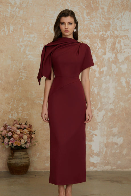 Guenda Maxi Dress Burgundy Asymmetrical Cape