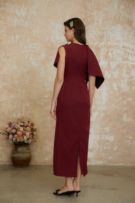 Guenda Maxi Dress Burgundy Asymmetrical Cape