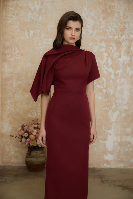 Guenda Maxi Dress Burgundy Asymmetrical Cape