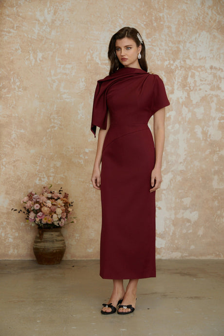Guenda Maxi Dress Burgundy Asymmetrical Cape