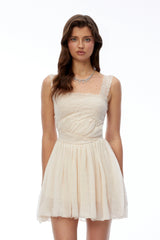 Wren Cream Square Neck Lace Pleated Mini Dress