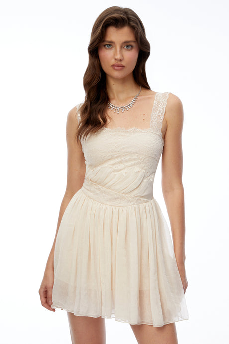 Camila Mini Dress Cream Square Neck Lace Pleated