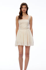 Wren Cream Square Neck Lace Pleated Mini Dress