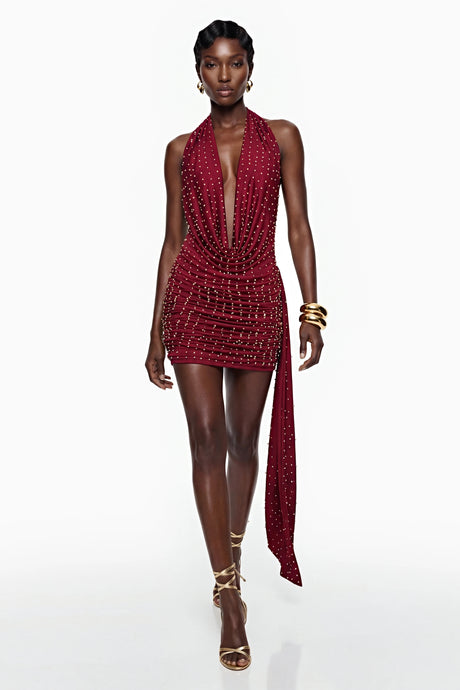 Gianna Mini Dress Burgundy Beaded with Ribbon Detail