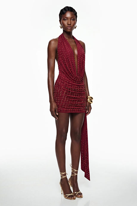 Gianna Mini Dress Burgundy Beaded with Ribbon Detail