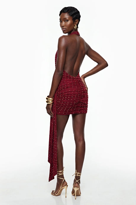 Gianna Mini Dress Burgundy Beaded with Ribbon Detail