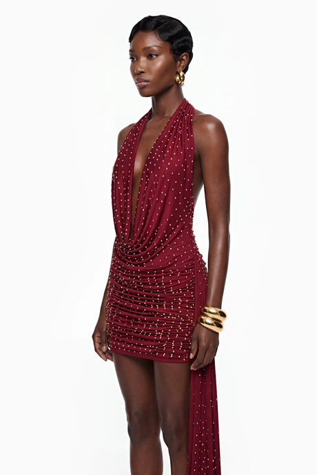 Gianna Mini Dress Burgundy Beaded with Ribbon Detail