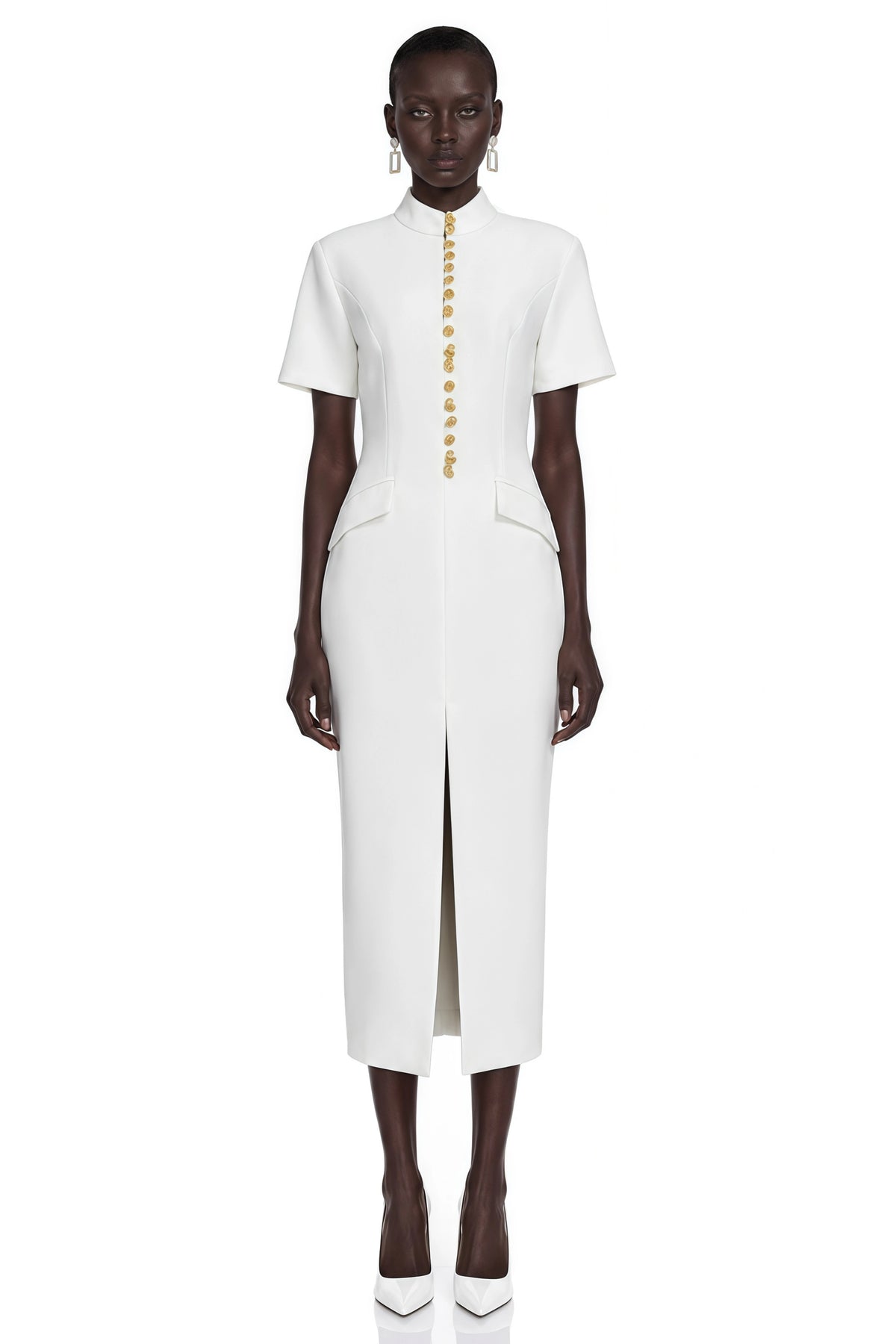 Xanthe White Stand Collar Gold Button Slit Midi Dress
