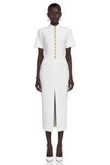 Xanthe White Stand Collar Gold Button Slit Midi Dress
