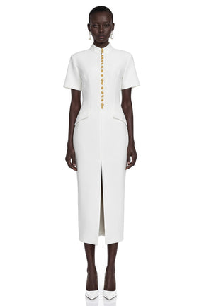Xanthe White Stand Collar Gold Button Slit Midi Dress