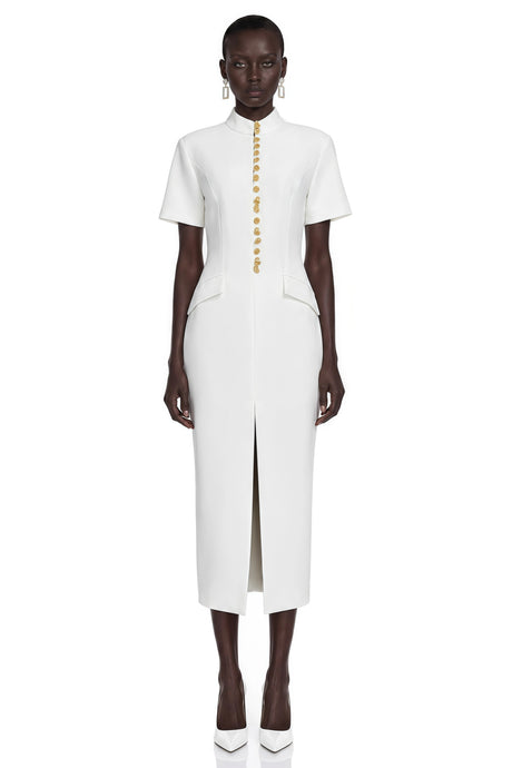 Lylah Midi Dress White Stand Collar Gold Button Slit