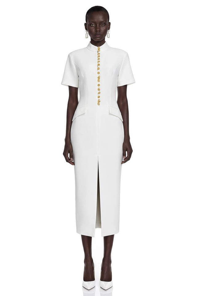 Xanthe White Stand Collar Gold Button Slit Midi Dress