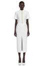 Xanthe White Stand Collar Gold Button Slit Midi Dress