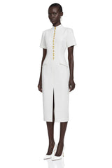 Xanthe White Stand Collar Gold Button Slit Midi Dress