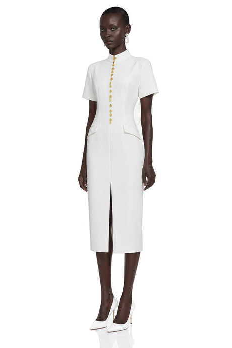 Lylah Midi Dress White Stand Collar Gold Button Slit