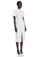 Xanthe White Stand Collar Gold Button Slit Midi Dress