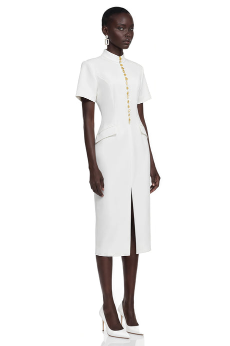 Lylah Midi Dress White Stand Collar Gold Button Slit