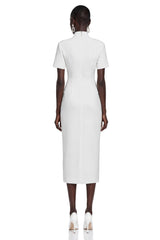Xanthe White Stand Collar Gold Button Slit Midi Dress