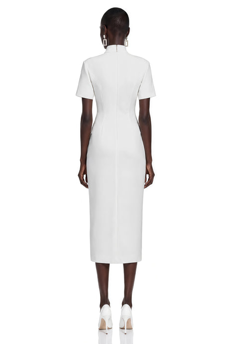 Lylah Midi Dress White Stand Collar Gold Button Slit