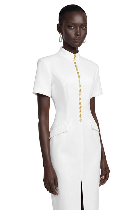 Lylah Midi Dress White Stand Collar Gold Button Slit