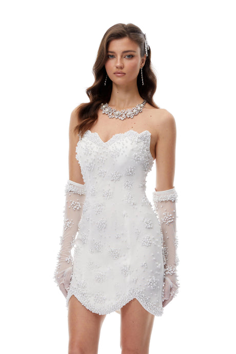 Alyssa Mini Dress White Strapless Pearl Embellished