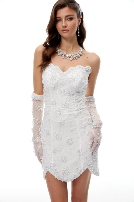Alyssa Mini Dress White Strapless Pearl Embellished