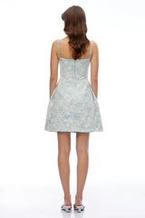 Xena Blue Square Neck Floral Embroidered Mini Dress
