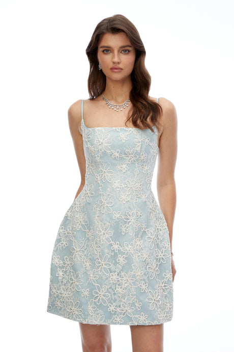 Vincenzina Mini Dress Blue Square Neck Floral Embroidered