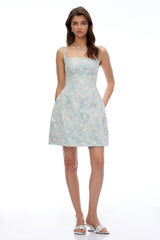 Xena Blue Square Neck Floral Embroidered Mini Dress