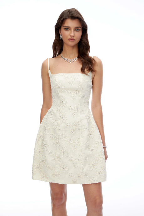 Daisy Mini Dress Cream Square Neck Floral Embroidered