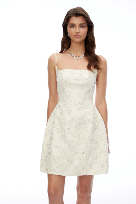 Daisy Mini Dress Cream Square Neck Floral Embroidered