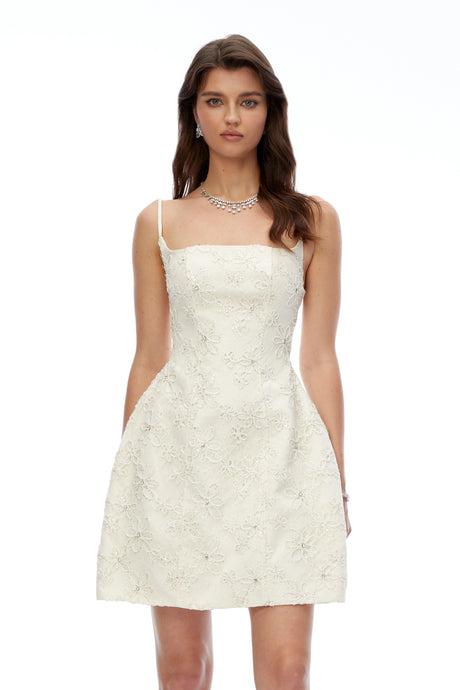 Daisy Mini Dress Cream Square Neck Floral Embroidered