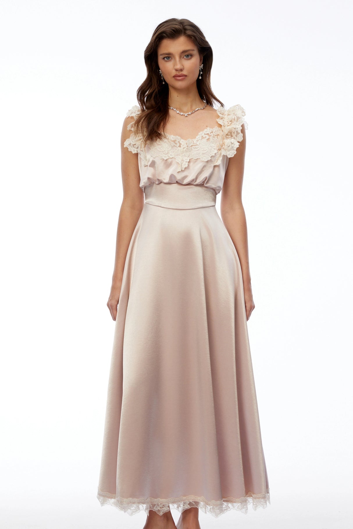 Xenia Champagne Pink VNeck Maxi Dress with Lace Trim