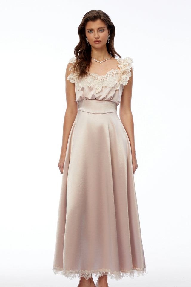 Xenia Champagne Pink VNeck Maxi Dress with Lace Trim