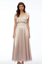 Xenia Champagne Pink VNeck Maxi Dress with Lace Trim