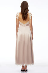 Xenia Champagne Pink VNeck Maxi Dress with Lace Trim