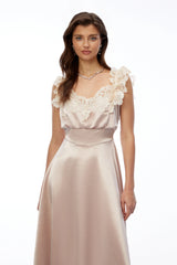 Xenia Champagne Pink VNeck Maxi Dress with Lace Trim
