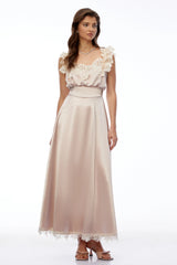 Xenia Champagne Pink VNeck Maxi Dress with Lace Trim