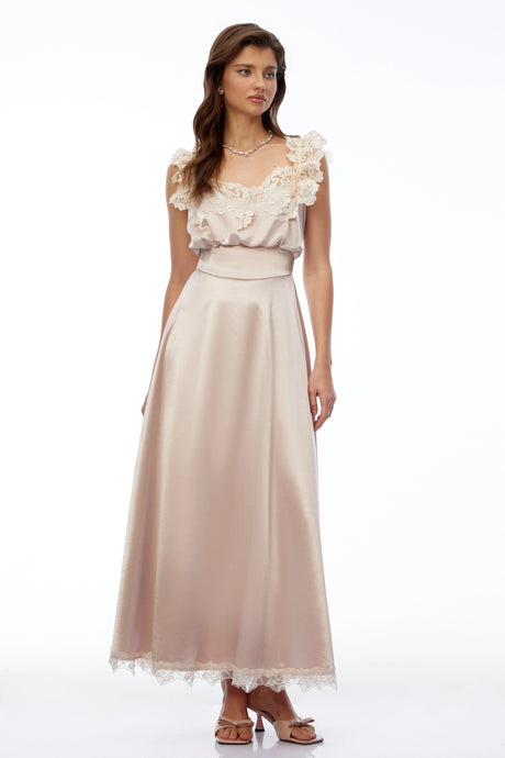Ginetta Maxi Dress Champagne Pink V-Neck with Lace Trim